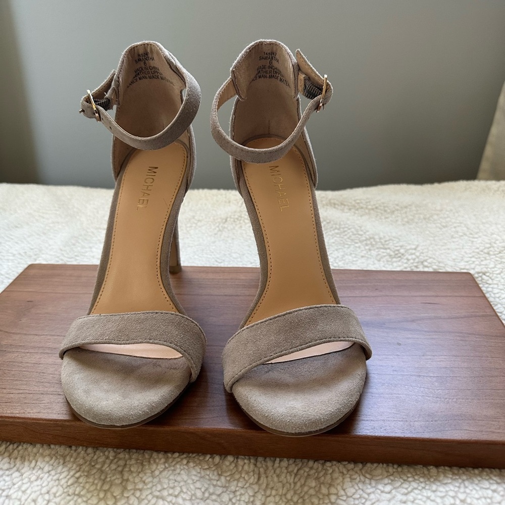 Michael Taupe Suede Ankle-Strap Heels